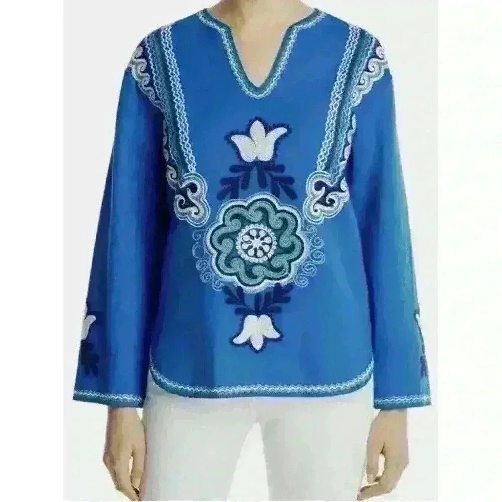 Tory Burch *Emilia* Tunic Size 2 Floral  Embroidered V-Neck Linen Top Shirt Blue